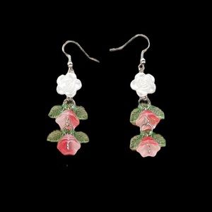 Cottage Core Pink and White Floral Flower Dangle Earrings